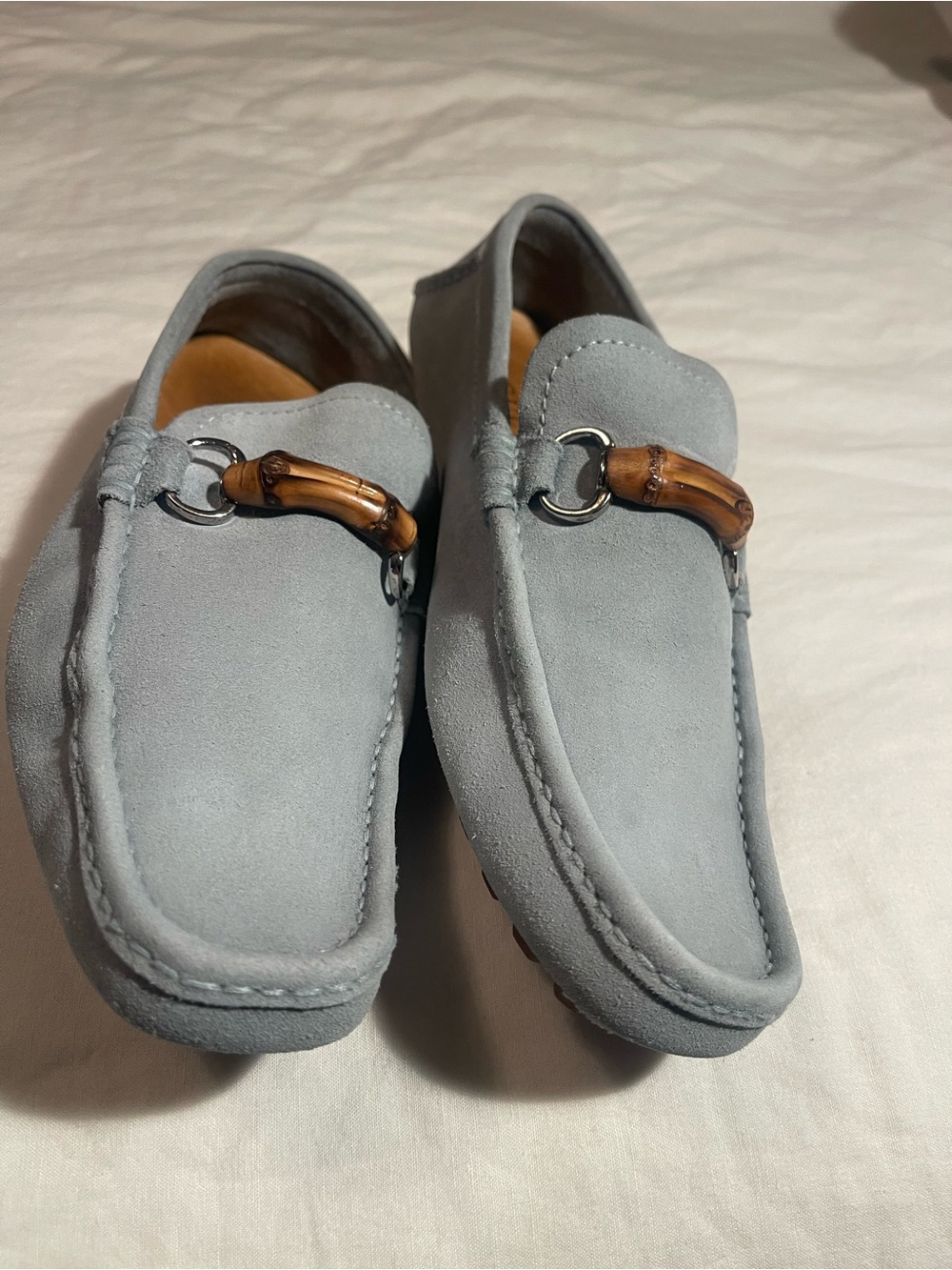 GUCCI Horsebit Bamboo Driver Loafer Aqua Blue Suede Genuine Leather Men Size 10.